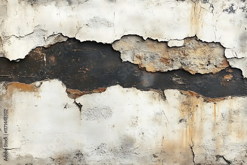 Distressed wall with peeling paint, revealing dark underlayer and brick. photo