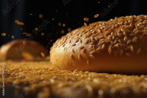 Baked buns with sesame seeds being sprinkled artistically