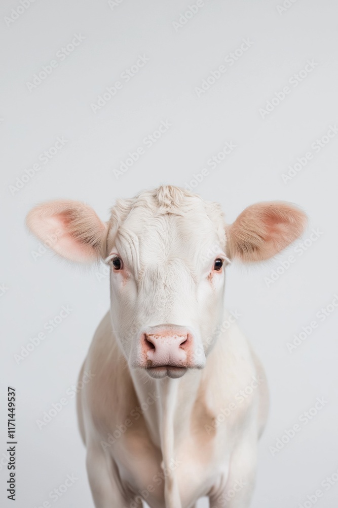 A white cow with pink ears is staring at the camera. The image has a simple and straightforward concept, with the cow being the main focus. Scene is calm and peaceful, as the cow appears to be content A white cow with pink ears is staring at the camera. The image has a simple and straightforward concept, with the cow being the main focus. Scene is calm and peaceful, as the cow appears to be content
