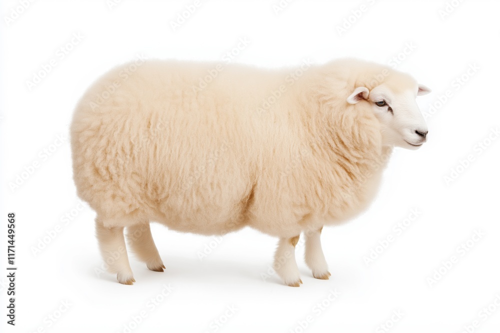 Fototapeta premium A white sheep stands in front of a white background. The sheep is the main focus of the image, and it is standing still and looking to the right