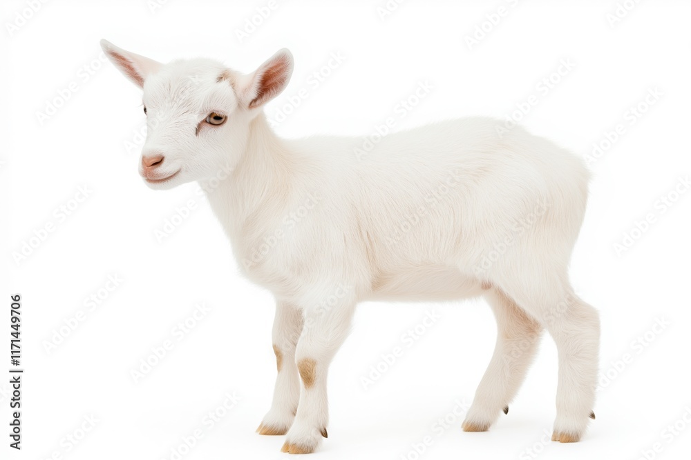 Fototapeta premium A baby goat stands in front of a white background. The goat is looking at the camera with a curious expression