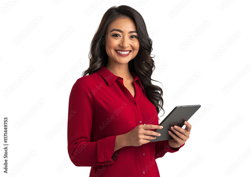 Confident woman in a red blouse holding a tablet and phone, smiling, with a white transparent background. Confident woman in a red blouse holding a tablet and phone, smiling, with a white transparent background.