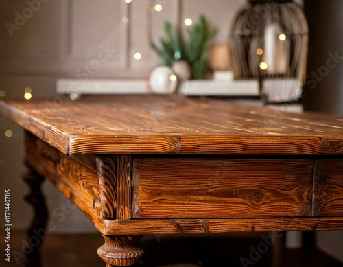 Un gros plan d'une table ou étagère en bois vintage dans un décor intérieur vide transmet une sensation de nostalgie et de simplicité. Generated image photo