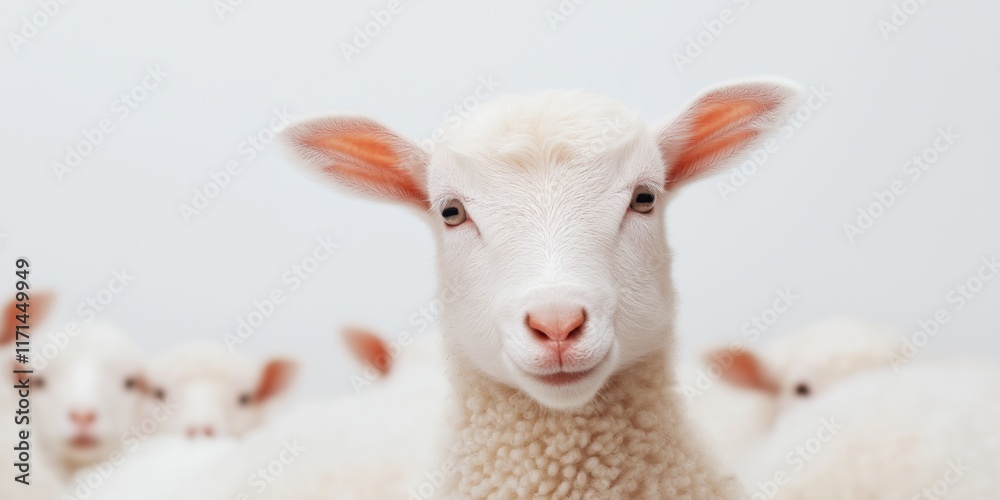 Fototapeta premium A white sheep is looking at the camera with its ears up. The sheep is surrounded by other sheep, all of which are white. Concept of innocence and curiosity, as the sheep looks directly at the camera