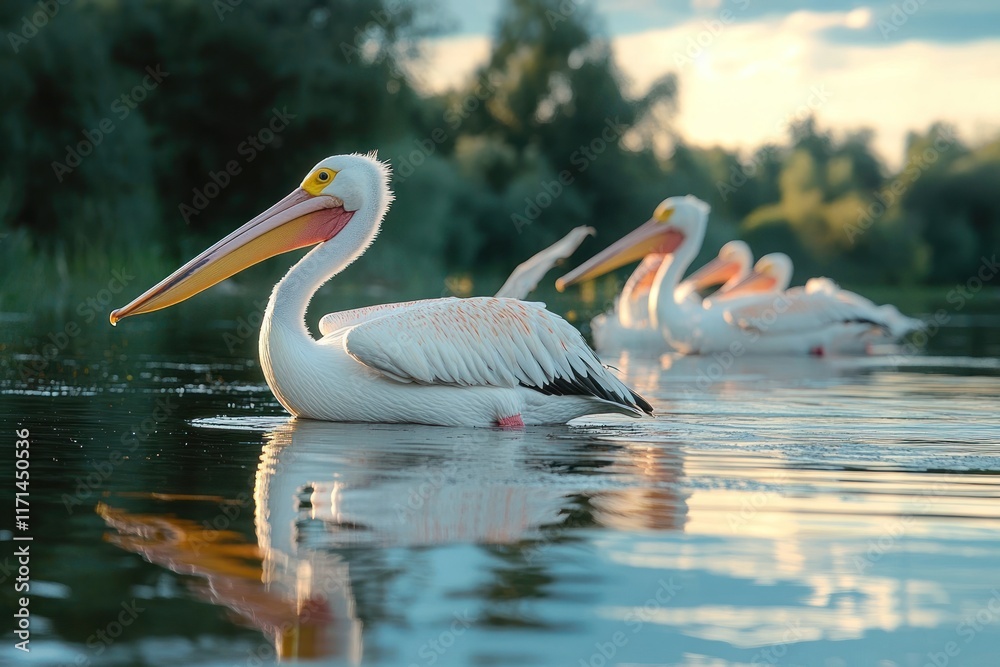 Graceful Great White Pelican in the Scenic Danube Delta of Romania Graceful Great White Pelican in the Scenic Danube Delta of Romania