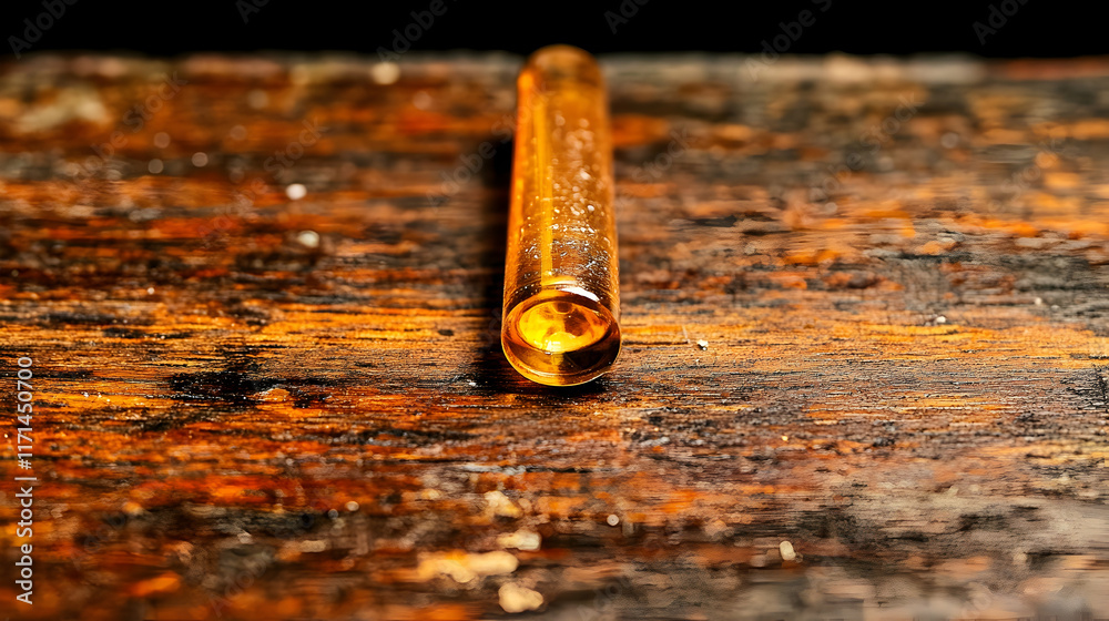 Amber glass tube on rustic wooden surface. Amber glass tube on rustic wooden surface.