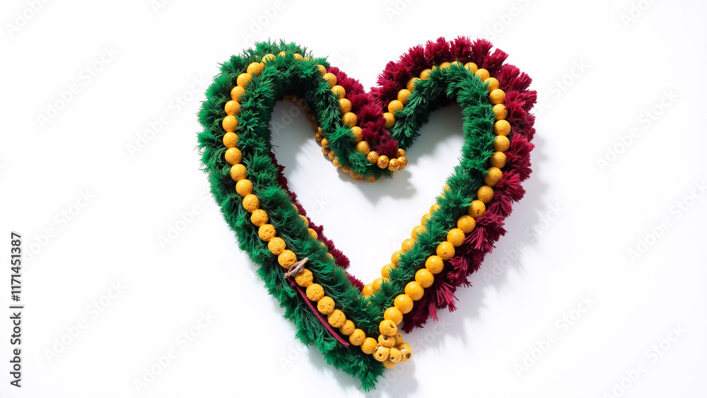 Obraz premium Heart shape made of green, red, and yellow mardi gras garlands and beads on a white background, concept of love and festive celebration
