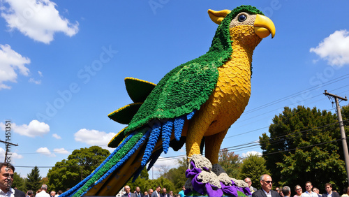 Large mardi gras float shaped like a parrot, decorated in green, yellow, and blue flowers against a sunny sky, concept of creativity and vibrant celebration photo