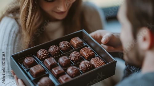 A couple enjoying a box of delectable bite sized chocolates together on a cozy romantic evening  The chocolates are a decadent treat with a variety of flavors and textures to savor and share photo