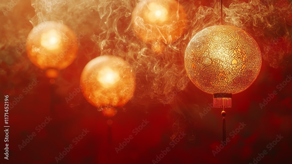 Glowing Lanterns in a Misty Red Atmosphere Glowing Lanterns in a Misty Red Atmosphere