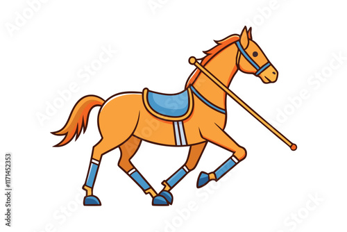 Illustrated polo horse and rider with bright colors, showcasing dynamic sportsmanship and traditional equestrian themes on a white background