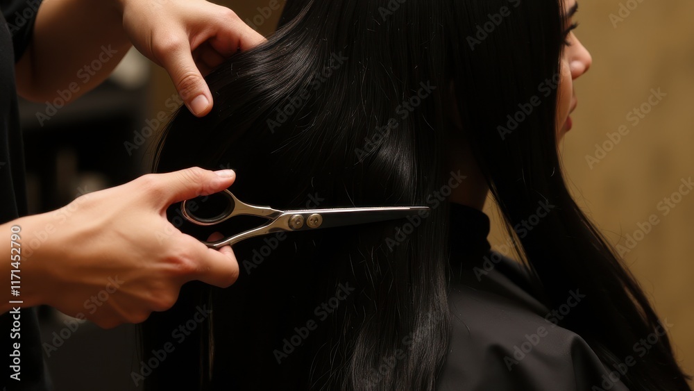 Obraz premium A professional hairdresser giving a haircut, scissors in hand, hair falling onto the salon floor