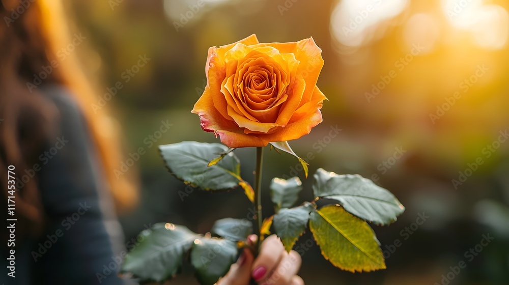A romantic couple tenderly holding a vibrant backlit rose in their hands against a serene golden sunset backdrop A romantic couple tenderly holding a vibrant backlit rose in their hands against a serene golden sunset backdrop