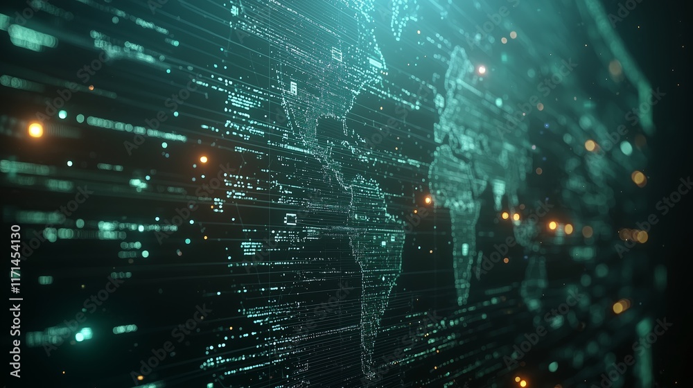 Obraz premium Digital World Map with Data Connections and Lights