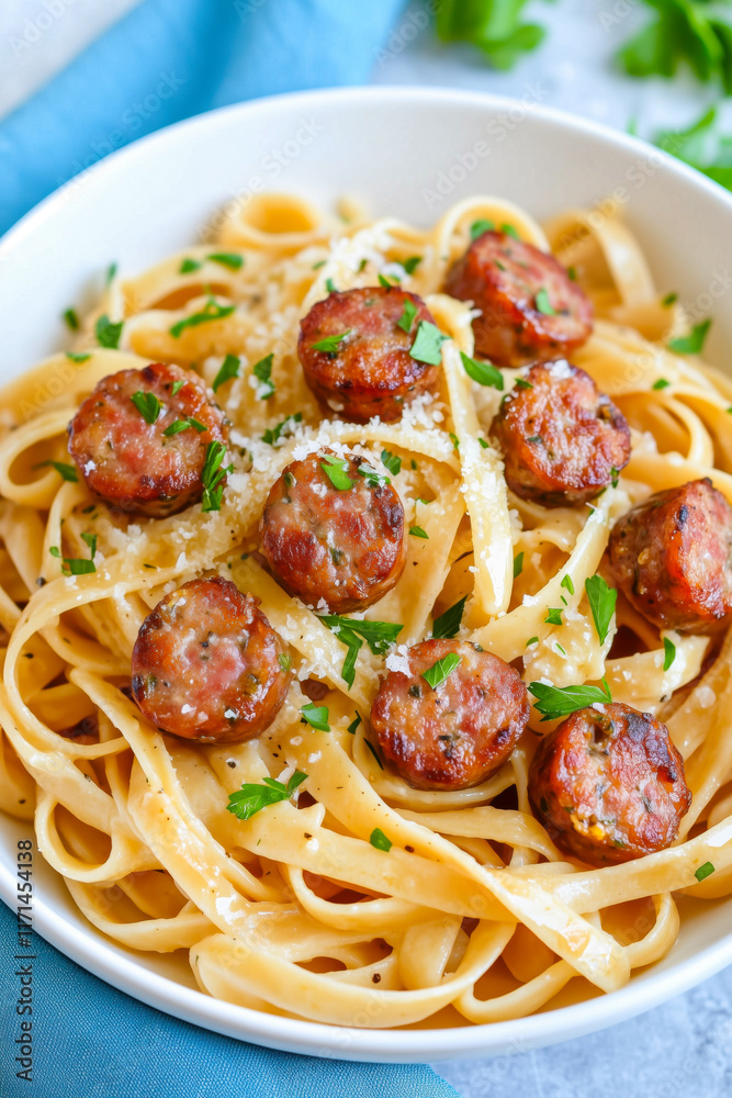 Creamy italian sausage and fettuccine pasta garnished with parsley and grated cheese Creamy italian sausage and fettuccine pasta garnished with parsley and grated cheese