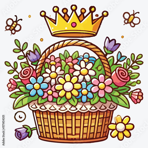 Cute basket straw with flowers garden and crown stock illustration