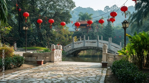 Tranquil Garden Pathway with Lanterns and Bridge