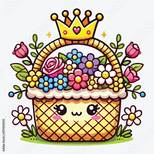 Cute basket straw with flowers garden and crown stock illustration