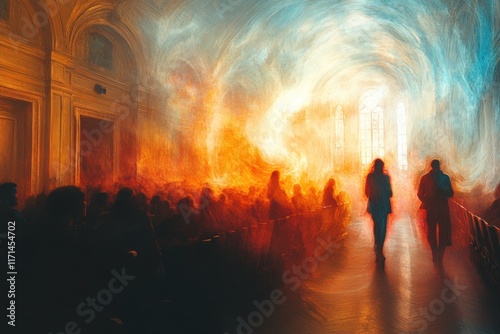 Two figures exit glowing church, congregants blurred. photo