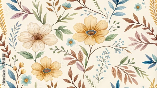 Watercolor Floral Seamless Pattern Autumn Hues and Botanical Composition