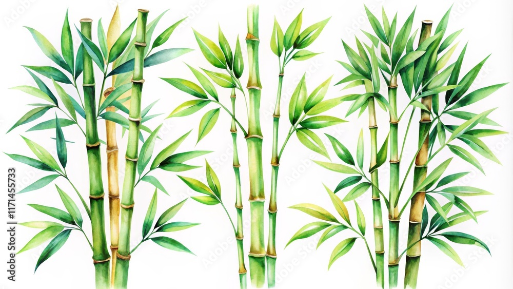 Fototapeta premium Watercolor Bamboo Lush Green Foliage and Stalks