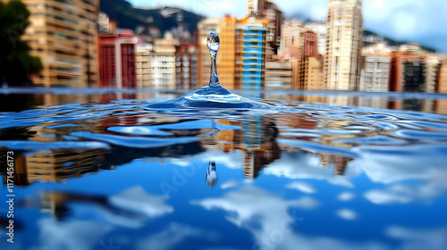 Water drop impacting surface, city reflection.