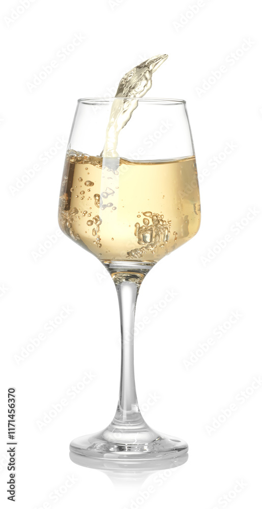 Tasty wine splashing in glass on white background Tasty wine splashing in glass on white background