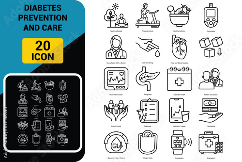 Diabetes prevention and nursing care vector line icon set with editable stroke, Consultation with a doctor and Physical activity, Glucometer and Healthy nutrition, Diabetes prevention and Healthy