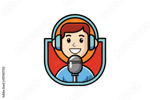Iconic podcast graphic with smiling faces and headsets, tailored for podcasting, live streaming, or audio communication themes