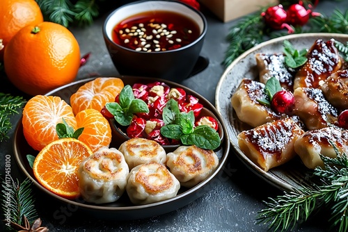 Vibrant spread of traditional New Year s Eve dishes and ingredients including dumplings citrus fruits pomegranate and fresh greens arranged on a rustic table photo