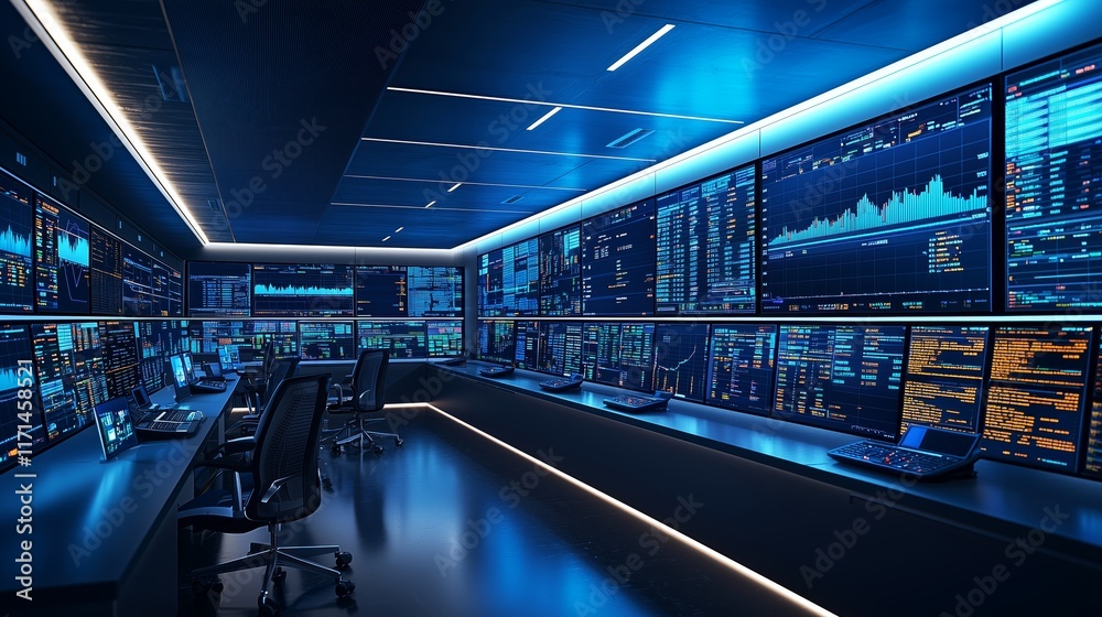 Fototapeta premium Futuristic Control Room with High-Tech Monitors Display