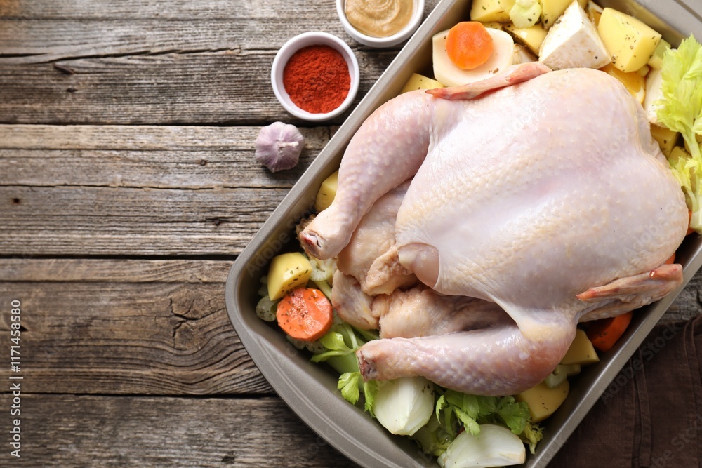 Raw turkey with different vegetables and spices on wooden table, top view. Space for text Raw turkey with different vegetables and spices on wooden table, top view. Space for text