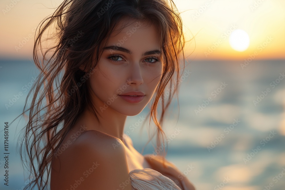 A woman stands near the water's edge, her hair gently flowing in the breeze as the sun sets. The sky is painted in warm hues, creating a tranquil atmosphere. A woman stands near the water's edge, her hair gently flowing in the breeze as the sun sets. The sky is painted in warm hues, creating a tranquil atmosphere.