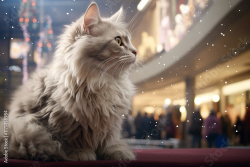 Portrait of a cute laperm cat isolated on bustling shopping mall photo