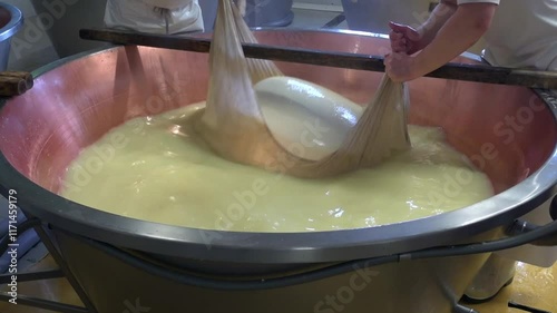 Production of a form of Parmesan cheese - Parmigiano Reggiano - in a dairy in the province of Reggio Emilia, Italy