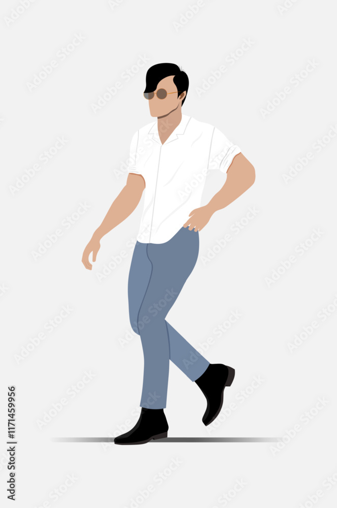 Stylish young man posing confidently in trendyin blue jeans, white shirt and sunglasses. Vector illustration. Not AI generated Stylish young man posing confidently in trendyin blue jeans, white shirt and sunglasses. Vector illustration. Not AI generated