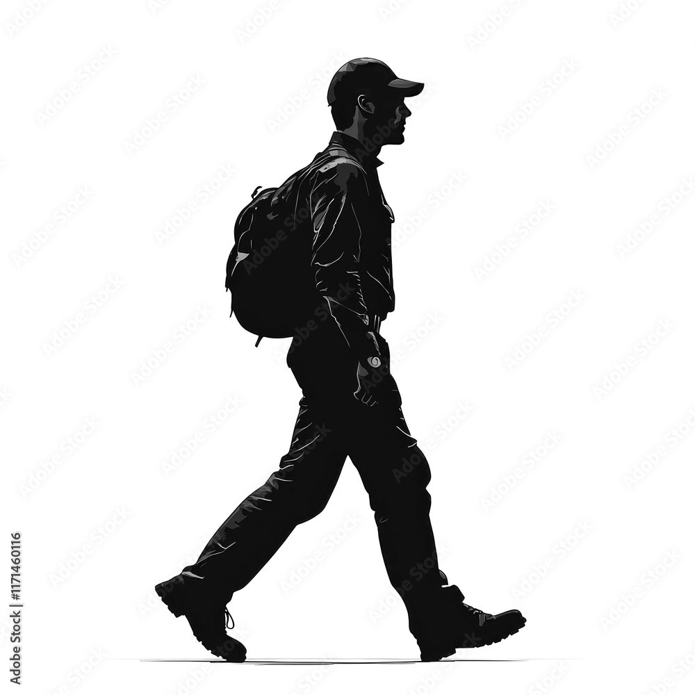 Fototapeta premium Silhouette of a Man Walking with a Backpack: A Journey of Discovery