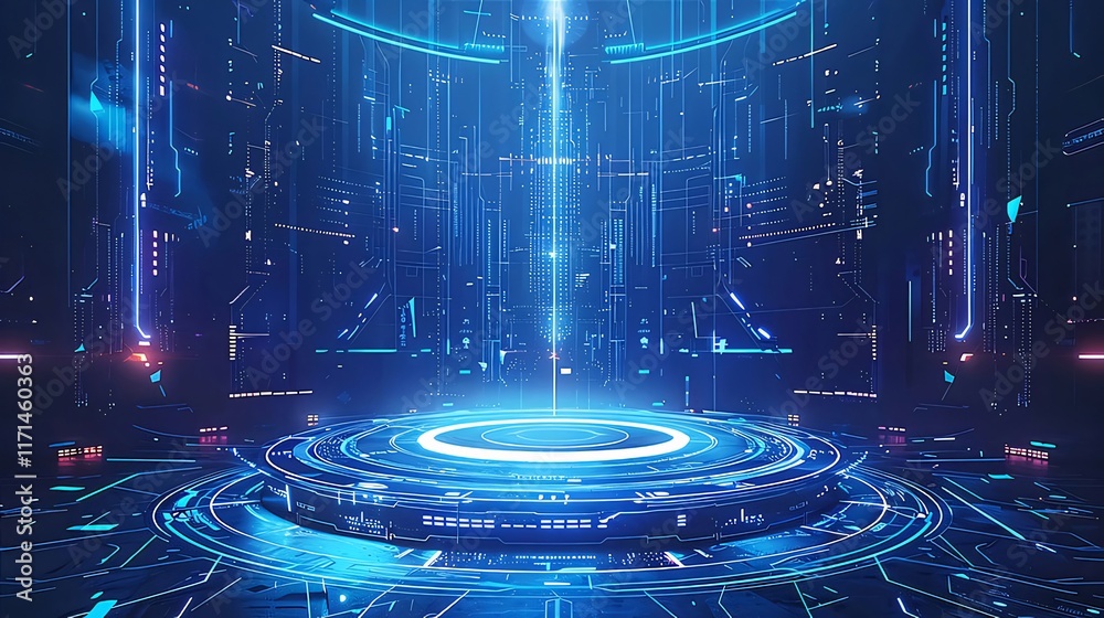Futuristic blue digital platform with glowing lines and circles. Futuristic blue digital platform with glowing lines and circles.