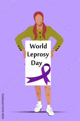 World Leprosy Day. A young woman holds a banner in her hands with the inscription World Leprosy Day and purple ribbon. Vector illustration. Not AI generated