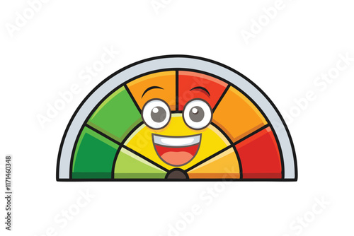 Cartoon satisfaction meter icon with colorful sections ranging from green to red and a happy face, representing feedback, rating, or emotions