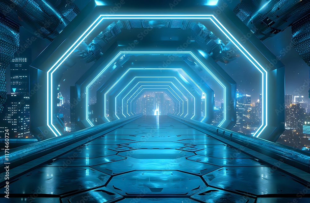 Futuristic neon-lit cityscape corridor. Futuristic neon-lit cityscape corridor.