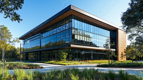Modern glass building in green landscape setting
