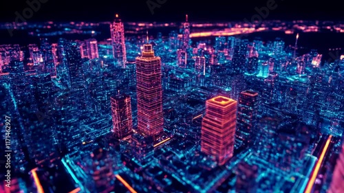 Wallpaper Mural Smart city at night with interconnected grids, vibrant holographic patterns, and seamless drone technology. A vision of advanced urban innovation Torontodigital.ca