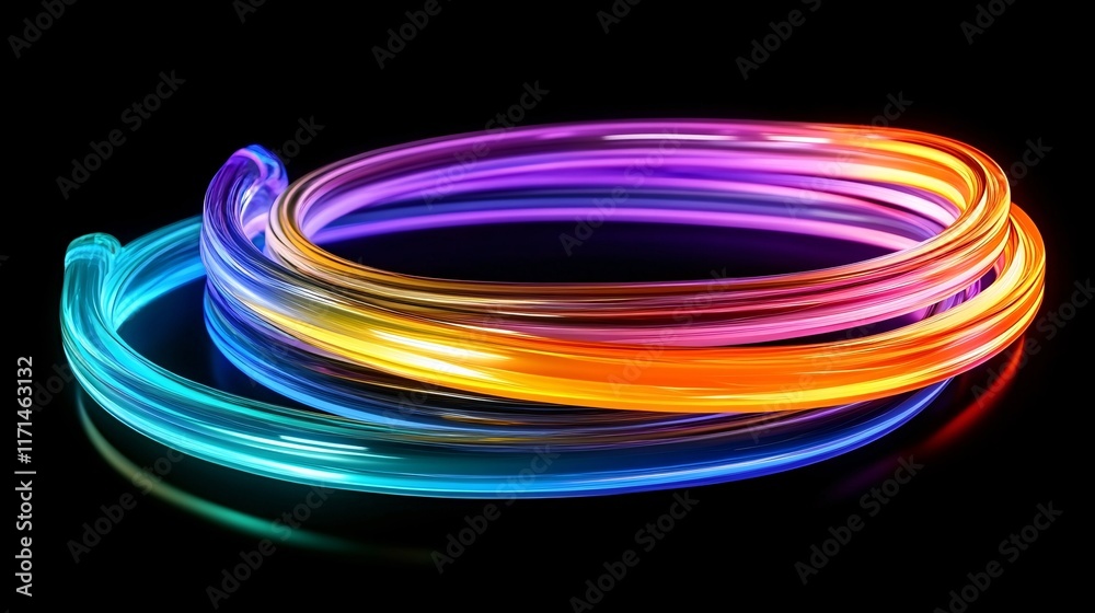 3D Render of Colorful Glass Curves with Iridescent Glow on Black Background 3D Render of Colorful Glass Curves with Iridescent Glow on Black Background