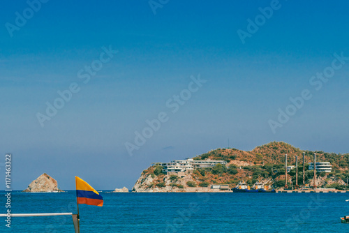 Santa Marta, Magdalena, Colombia. September 16, 2024: Landscape on la bahia beach with blue sky. photo