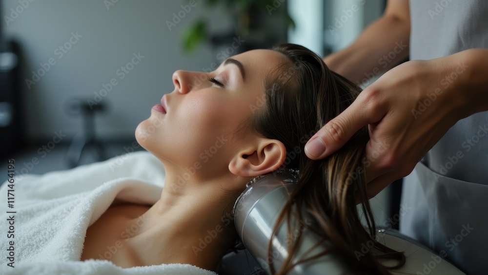 Fototapeta premium A relaxing hair care procedure: washing and massaging the client's hair in a sleek salon setting