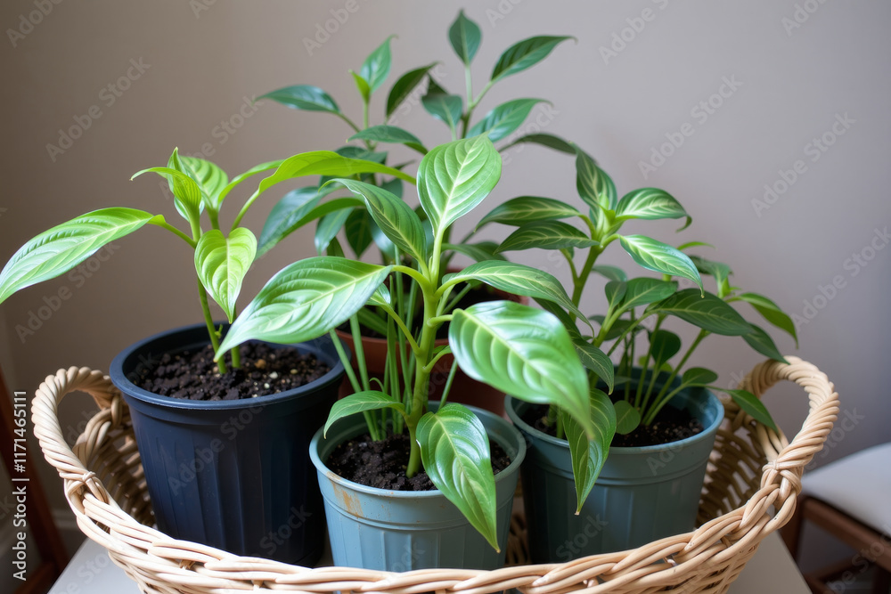 Obraz premium Green Plants in Pots on Table, Home Gardening