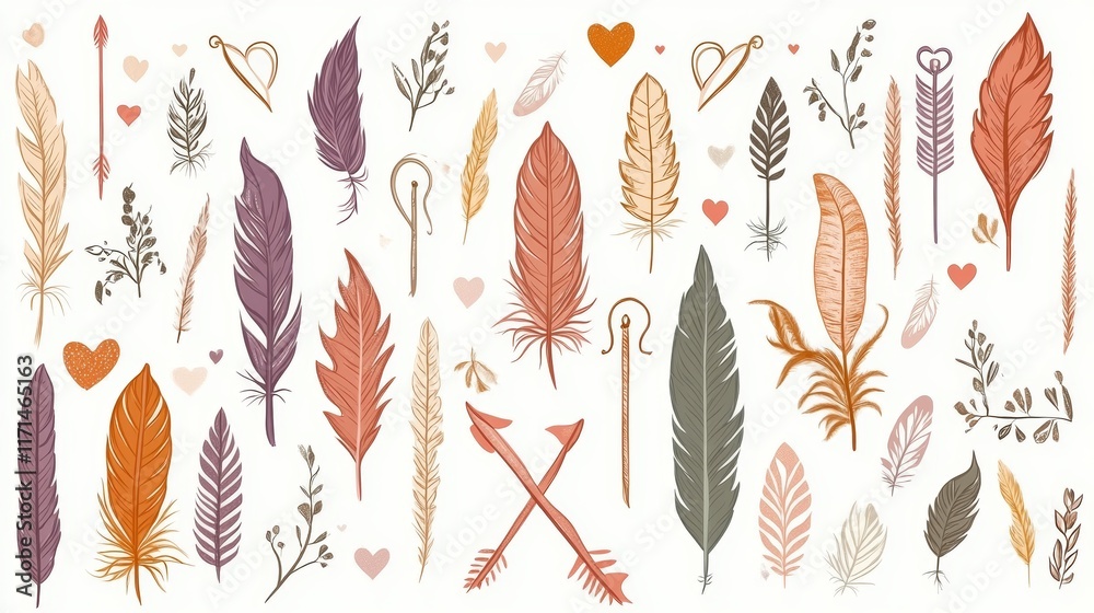 Boho decor with feathers, arrows, and hearts in soft beige and pastel tones for a whimsical atmosphere Boho decor with feathers, arrows, and hearts in soft beige and pastel tones for a whimsical atmosphere