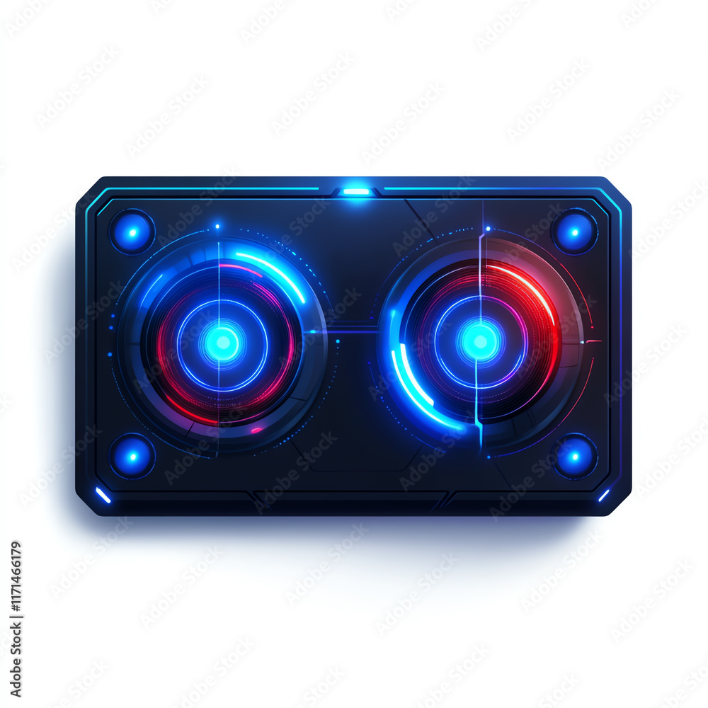 Futuristic blue and red audio speaker design, showcasing vibrant lights on a sleek black background. Futuristic blue and red audio speaker design, showcasing vibrant lights on a sleek black background.