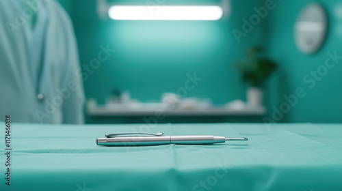 sleek penlight with integrated clip rests on surgical table, showcasing its practical design in medical setting photo